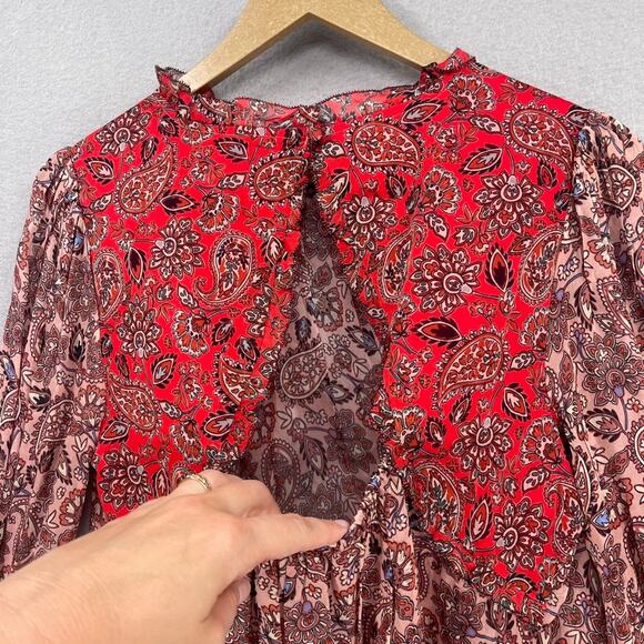 Boden Top Blouse Womens 10 Red Paisley Floral Ruffle Open Back Swing Feminine - Picture 16 of 16
